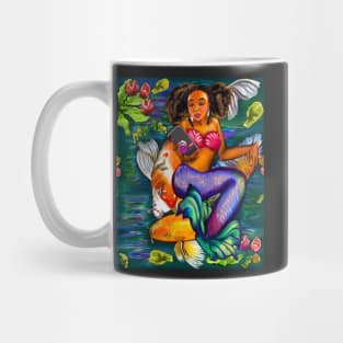 Mermaid checking her phone with Koi fish in koi pond with plants and flowers Mug